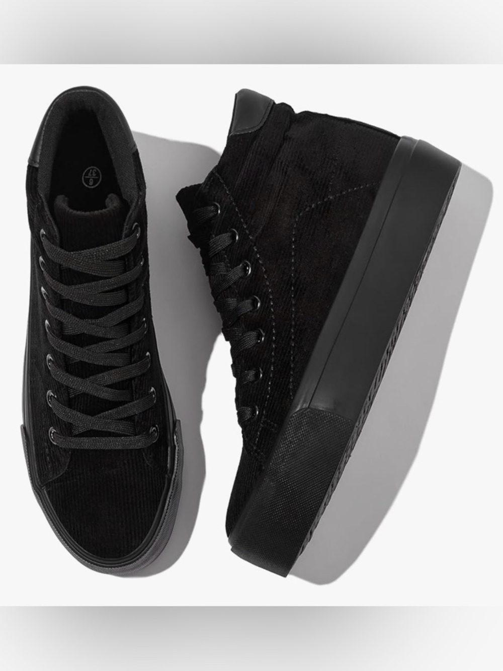WALUZS | High Top Platform Corduroy Lace Up Sneakers Shoes Full Black Size 7